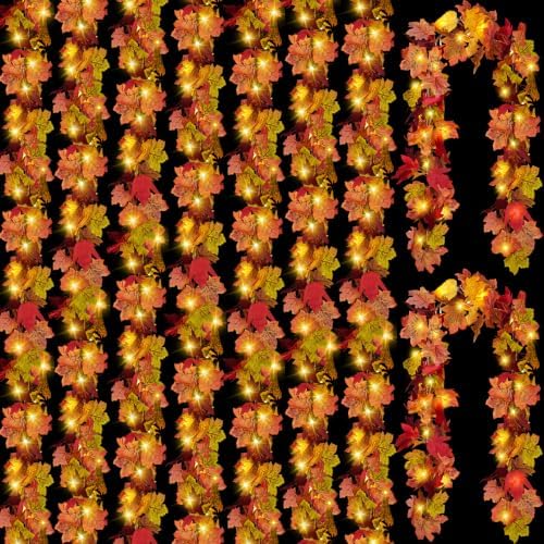 CQURE 9 Pack Fall Leaf Garland with Lights, Fall Vines Autumn Garland LED Lights Artificial Maple Fall Leaves Thanksgiving Decor for Home Wedding Fireplace Party by CQURE