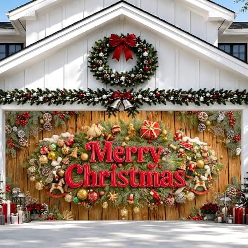 Christmas garage door banner (157.5 x 70.9 inches) featuring a rustic wood-grain design and "Merry Christmas" lettering; suitable for outdoor holiday decoration of homes and yards. - Image 3