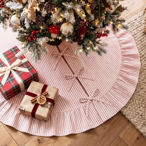 JOVIPOP Christmas Tree Skirt, 48 Inch Red Pinstripe Ruffle - Image 5