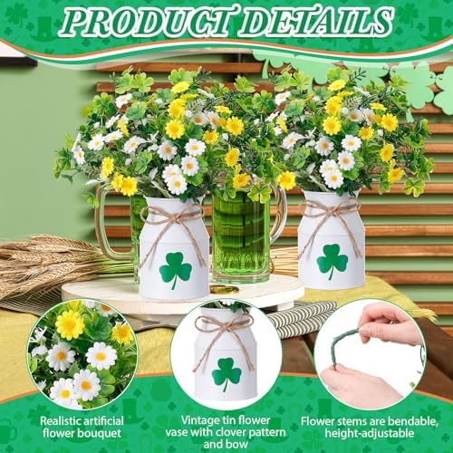 Canlierr 10 Pcs St. Patrick's Day Decorations Table Centerpiece Artificial Daisy Four Leaf Clover Branches with Vase Set Green Floral Arrangements for Home Farmhouse Party - Image 3
