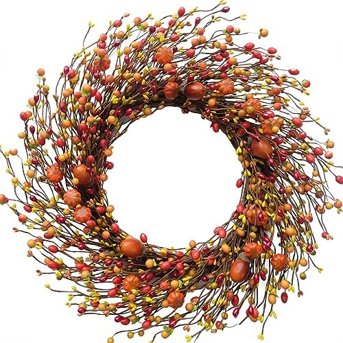 TEMPUS Fall Berry Wreath, 20” Autumn Orange Front Door Wreath Harvest Wreath with Pumpkins, Acorns Artificial Wreath for Front Door Home Decor Thanksgiving Harvest Festival Decor by TEMPUSDECOR