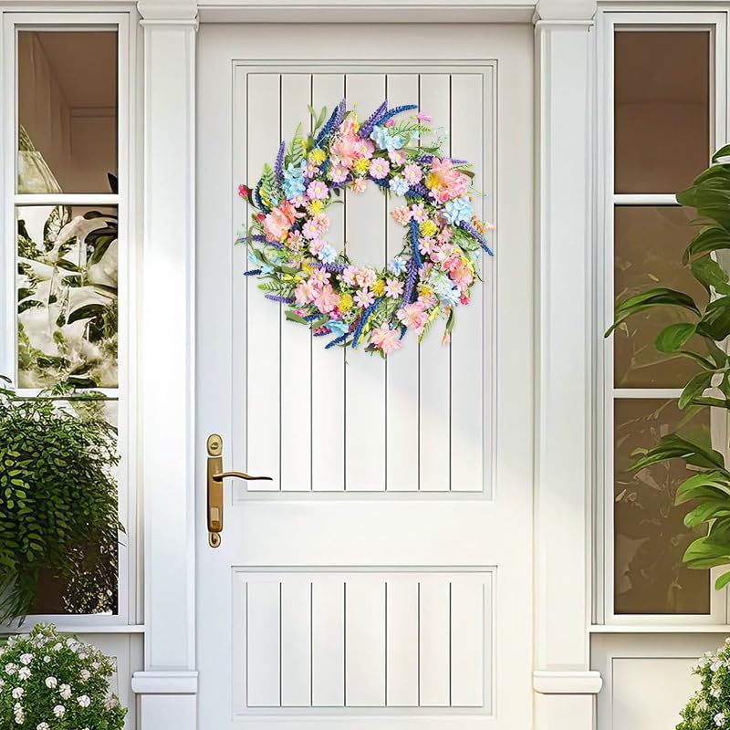 Spring Summer Wildflower Wreath for Front Door 18 Inch Artificial Colorful Flower Wreath for Indoor Outdoor Wall Festival Easter Home Farmhouse Wedding Decor (Pink) - Image 5