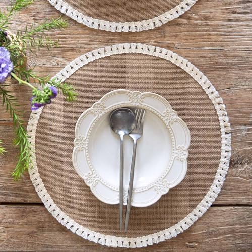 FunWheat 15 Inch Round Jute Placemats Set of 12, Braided Burlap Table Mats for Dining Table, Heat Resistant Farmhouse Woven Placemats for Fall Farmhouse Decor (Short Tassels) - Image 4