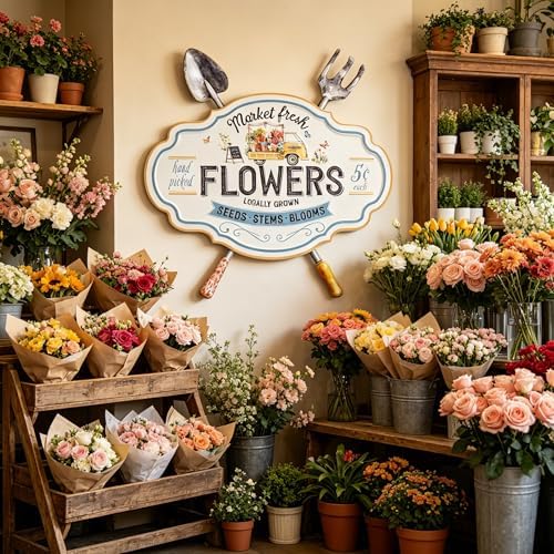 Vintage Metal Garden Sign, Decorative Wall Decor with Shovel & Rake Accents - "Market Fresh Flowers" Rustic Farmhouse Wall Art for Outdoor, Porch, Patio, 18.3" x 17.72" - Image 3