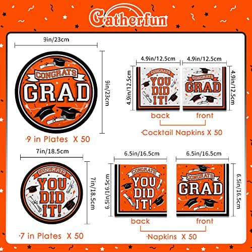 Graduation Party Supplies Dinnerware Set orange Disposable dinner paper plates dessert paper plates and Napkins for Congrats Grad Party Decorations, Serve 50 - Image 2