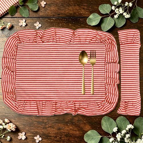 Whaline Vintage Red Cotton Placemats with Ruffle Stripe Kitchen Place Mats for Birthday Party Home Dining Table Decor, Set of 6, 14.5 x 19.7 in by Whaline