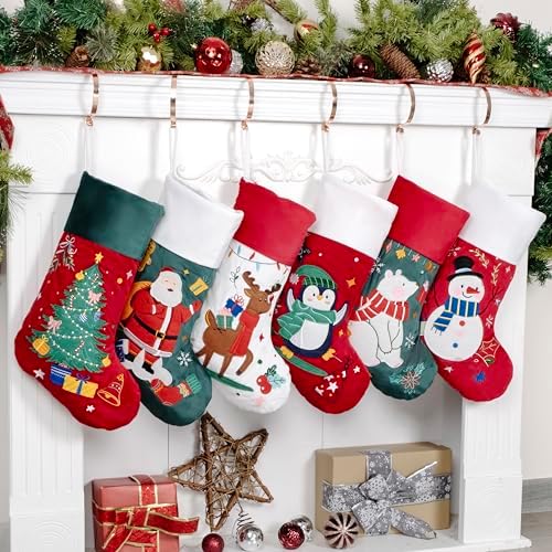 BHD BEAUTY Christmas Stocking 6 Pack White Green Red Velvet Embroidery Pattern Soft Faux Fur for Family Decorations Hanging Ornament for Xmas Holiday Party - Image 2