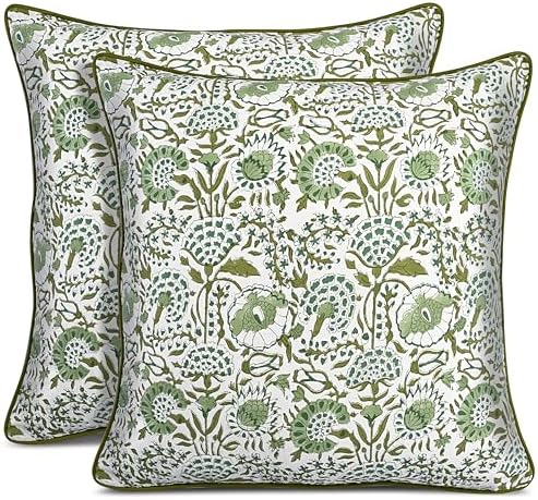 CPC Agate Green Block Print Throw Pillow Covers 20x20 Inch, Set of 2 by COTTONPRINTCLUB