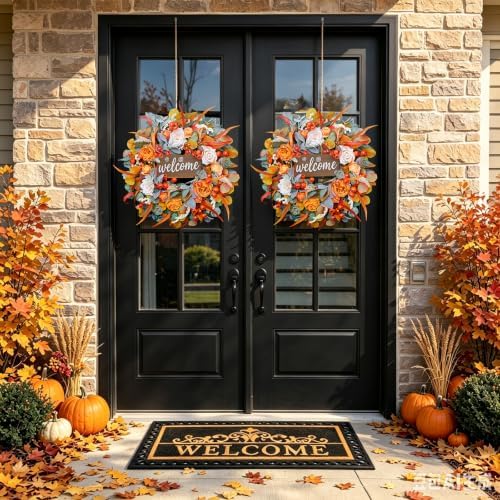 Fall Wreath for Front Door, 24 Inch Autumn Wreath with lamb's Ear Leaves, Roses, Berries & Wooden Sign,Fall Decorations for Home, Artificial Flowers Harvest and Thanksgiving Indoor & Outdoor - Image 6
