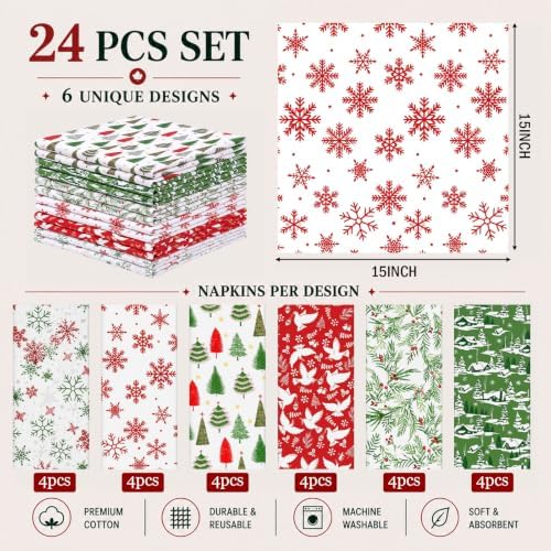 Mixweer 24 Pack Christmas Cloth Napkins Bulk, 15 x 15 Inch Square - Image 2