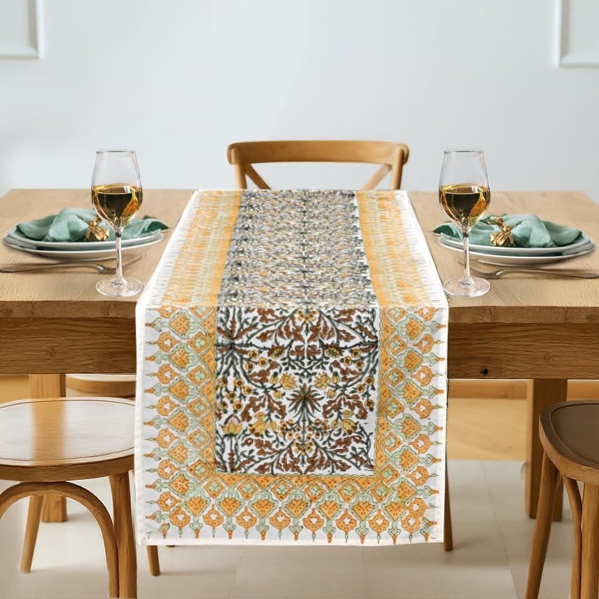 Ridhi Goldenrod Yellow Hand Block Print Cotton Table Runner Garden Farmhouse Buffet Tabletop Cover for Home Kitchen Dining Décor Parties Family Dinners Wedding Thanksgiving Christmas (16X90 Inches) by Ridhi