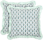 Ridhi Block Print Aquamarine Blue Throw Pillow Cover 20" x 20" (Pack of 2) Decorative Cushion Covers with Ruffle for Couch, Sofa, Bed, Living Room, Home Decor Gift for Spring, Easter, Valentine by Ridhi