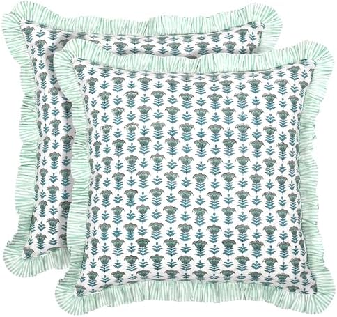Ridhi Block Print Aquamarine Blue Throw Pillow Cover 20" x 20" (Pack of 2) Decorative Cushion Covers with Ruffle for Couch, Sofa, Bed, Living Room, Home Decor Gift for Spring, Easter, Valentine by Ridhi