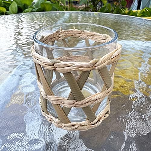 Pack 4 Woven Rattan Tealight Candle Holder Candle Lantern, Coastal Tropical Boho Glass Tea Light Holder Votive Candle Holders, Natural Seagrass Hand Woven Votive Candle Holder - Image 3