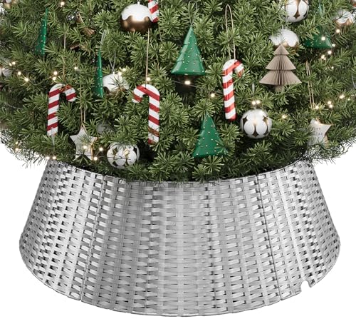 ELYKEN Silver Christmas Tree Collar, 33 Inch Woven Xmas Tree Skirt Cord Cut-Out - Protects Tree Base from Pets, Stylish Holiday Tree Skirt Alternative, Round Tree Ring for Christmas Tree Decor by ELYKEN