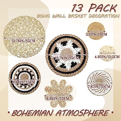 Glenmal 13 Pcs Boho Wall Basket Decor Set Woven Rattan Seagrass,Bohemian - Image 3