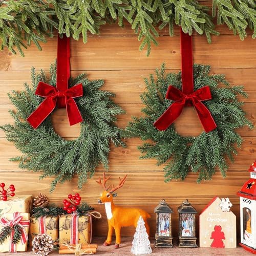 4 Pcs Small Christmas Norfolk Wreaths Evergreen 12.6 Inch Christmas Kitchen Cabinet Mini Wreaths Real Touch with Bow and Burgundy Ribbon for Xmas Front Door Window Home Table Pillar Decor - Image 5