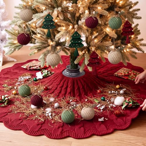 Thenshop 48 Inch Chunky Cable Knit Christmas Tree Skirt, Burgundy - Image 4