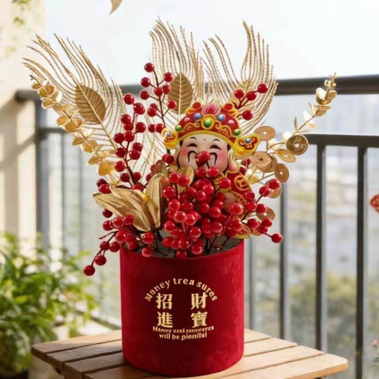 KYMY Chinese New Year Fu Bucket, 2026 Spring Festival Fu Character Artificial Branches Fortune Table Ornament, Red Berry Flower Arrangement for Asian Vitenamese Lunar New Year Desktop Centerpiece by KYMY