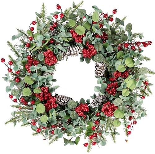 Sggvecsy 22 Inch Artificial Christmas Wreath for Front Door Xmas Red Berry Wreath with Pine Needles Pine Cones Eucalyptus Leaves Christmas Decorations for Winter Wall Outdoor Home Holiday Xmas Decor by Sggvecsy