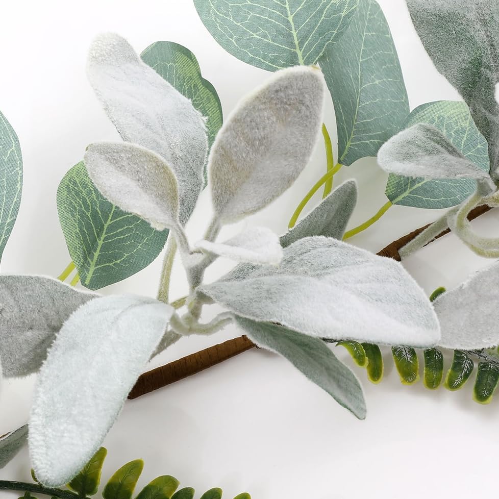 SHACOS Artificial Flocked Lambs Ear Garland with Eucalyptus Fern Leaves - Image 6