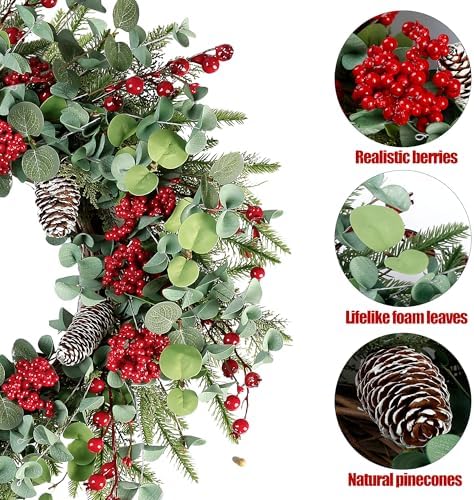 Sggvecsy 22 Inch Artificial Christmas Wreath for Front Door Xmas Red Berry Wreath with Pine Needles Pine Cones Eucalyptus Leaves Christmas Decorations for Winter Wall Outdoor Home Holiday Xmas Decor - Image 7