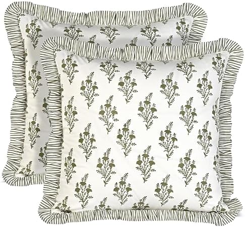 Ridhi Natural Spring Floral Block Print Throw Pillow Covers 18x18 Inch by Ridhi