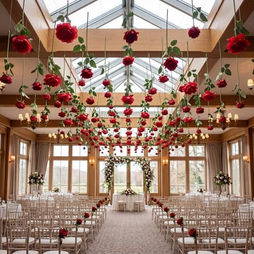 Lyrow 60 Pack Red Roses Artificial Flowers Bulk Hanging Floating Garland Fake Red Rose Vine for Ceiling Decoration Wedding Anniversary Bridal Bouquet DIY Floral Arrangement Proposal Romantic Decor - Image 2