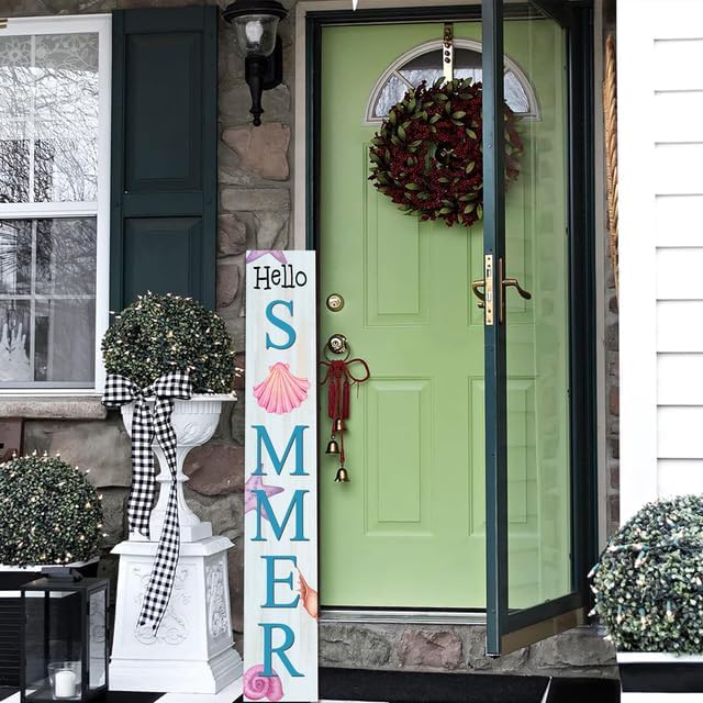 Hello Summer Starfish & Shells Wooden Sign 8”x48” Welcome Solid Wood Sign and Porch Leaner Summer Decoration for Front Door Porch Yard Deck Patio Farmhouse Vertical Decorn - Image 6
