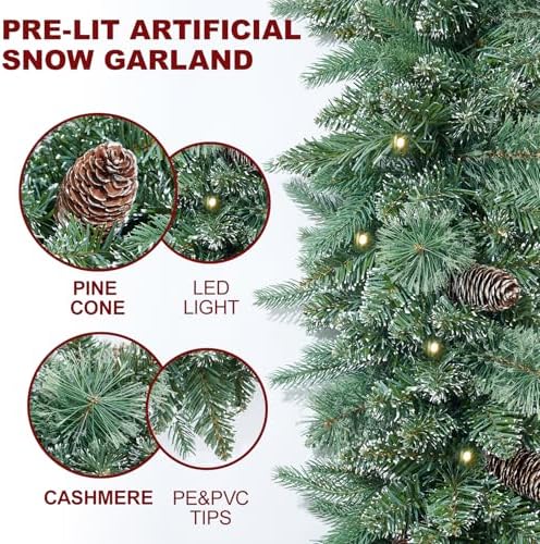 9FT Prelit Christmas Garland Decorations 50 led Snow Christmas Garland with Lights Battery Operated with Timer for Outdoor Indoor, Home Decoration Mantle Stairs Railing Fireplace Outdoor Indoor Door - Image 2