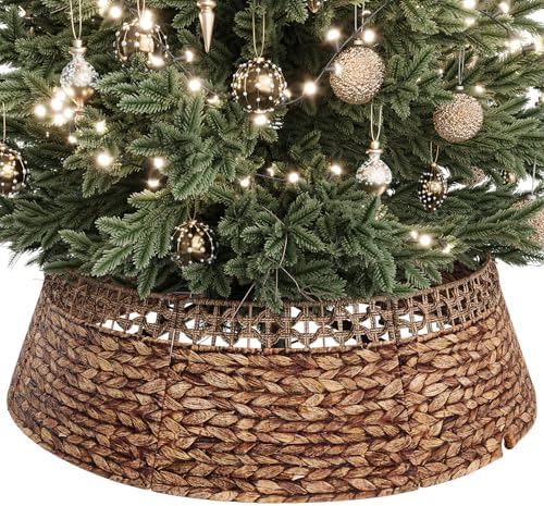 ELYKEN 42 Inch Woven Rattan Christmas Tree Collar, Stylish Seagrass & Water Hyacinth Xmas Tree Skirt for Artificial Trees, Wicker Tree Base Cover with Cord Cut-Out Farmhouse Tree Ring for Home Decor by ELYKEN