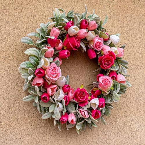 Yawwind 20 Inches Summer Wreath for Front Door Farmhouse Summer Door Wreaths Elegant Spring Floral Wreath with Tulips Rose Flocked Lambs Ear for Wall Window Porch Indoor Decor - Image 6