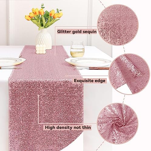 Sugargirl 10 Packs 12 x 72 inches Sequin Table Runner, Glitter Rose Pink Table Runner for Birthday Party Supplies Wedding Holiday Celebration Event Decorations - Image 3