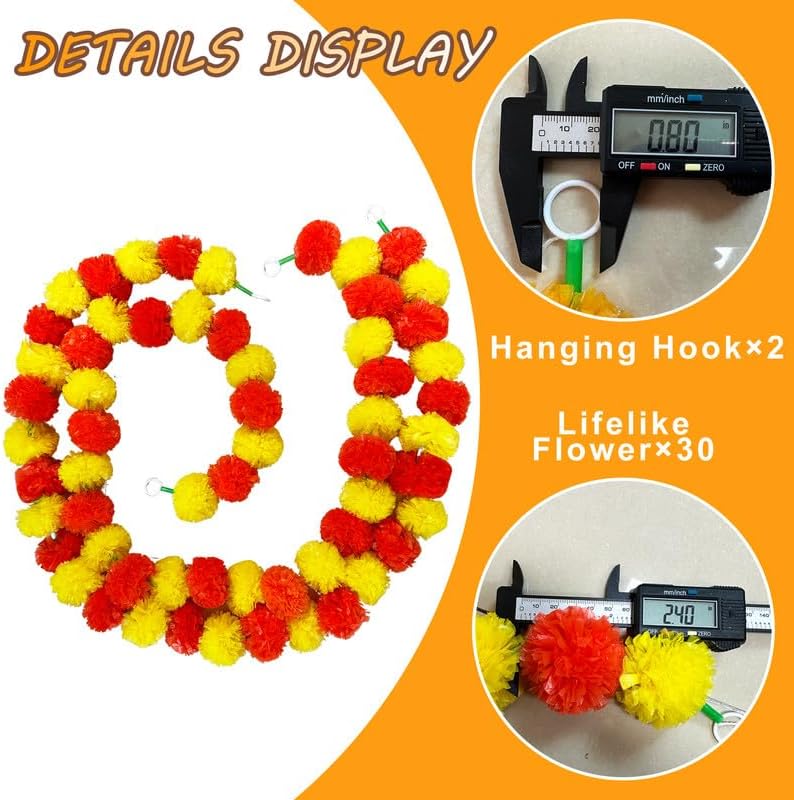 10 Pieces Golden Yellow Marigold Garland 5ft Faux Flowers Indian Decorations for Pooja Dia De Los Muertos Diwali, Events, Weddings - Yellow Orange - Image 2