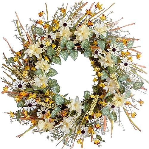 idyllic 22 Inches Spring Wreath for Front Door with Yellow and White Daisies Flowers, Ear of Wheat, Green Leaves, Fall Harvest Wreath for Festival Thanksgiving Farmhouse Wall Home Decor by idyllic