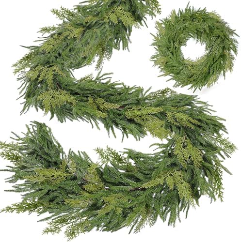 Extra Thick&Lush - 6Ft by 12 Inch Artificial Garland Norfolk Pine Garland, Real Touch Cedar Garland, Realistic Soft 120 Branch Tips Pine&Cedar Faux Greenery Cypress Garlands for Mantle Outdoor Indoor by TURNMEON