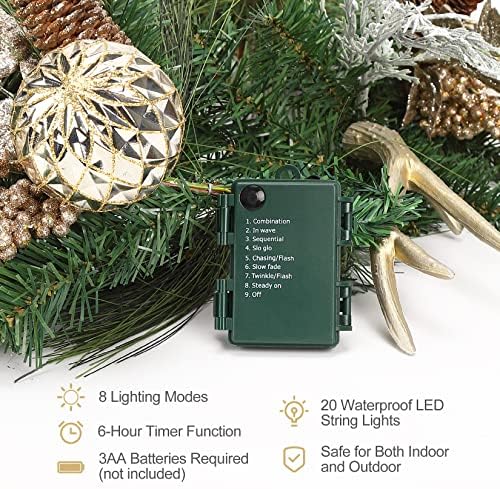 Christmas Garland with Lights, Champagne Gold 6FT 20LED Pre-Lit Christmas Garland with Ball Ornaments, Ribbons, Pine Cones and Artificial Antlers for Door Mantle Stairs Christmas Decoration - Image 5