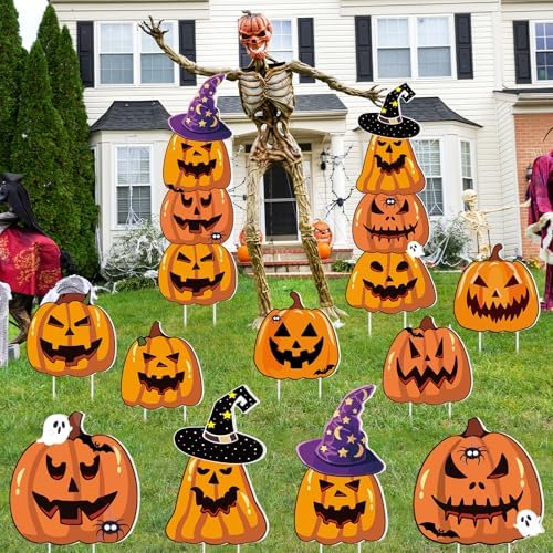 Amyhill 12 Pcs Halloween 16 Pumpkin Ghost Yard Signs with Witch Hat Outdoor - Image 3