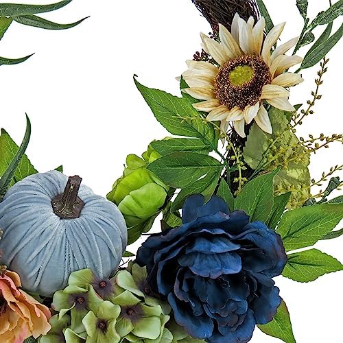 National Tree Company 22-Inch Harvest Wreath with Flowers, Pumpkins, and Greenery - Fall Door Decoration for Autumn and Thanksgiving - Image 3