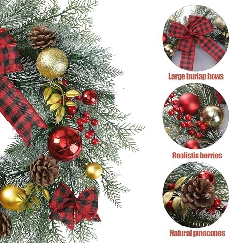 Sggvecsy 20 Inch Artificial Christmas Wreath for Front Door with Pine Needles Red Berries Pine Cones Buffalo Plaid Bow Christmas Ball Decorations for Winter Wall Outdoor Home Holiday Xmas Decor - Image 7
