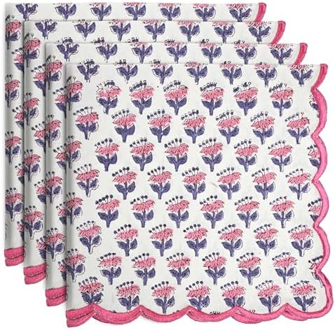 CPC Pink Sapphire Block Print Cotton Embroidery Napkin 18x18 (Pack of 4) by COTTONPRINTCLUB