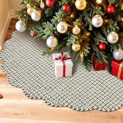 MiniInflat Quilted Christmas Tree Skirt - Vintage Floral Block Print Christmas Tree Skirt with Scalloped Edge Thicken Cotton for Home Decorations Holiday Party Gift(60 Inch,Plaid Floral,Green) - Image 4