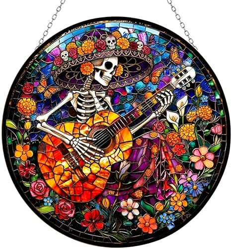 Mexican Skull Playing Guitar Stained Glass Suncatcher Window Hangings, Mexican Decor, Sugar Skull Gifts for Women 11.8" by HYPESTYLE