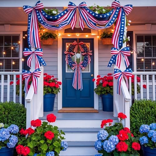 Knitgrip 10ft Patriotic Red White and Blue Outdoor Decorations Bunting Bow Garland with 4th of July 4 Large Bows Patriotic Porch Decor American Flag 250th Banner for Independence Day Wall Stair - Image 4