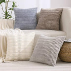 All Smiles Couch Decorative Throw Pillow Covers 18x18 Set of 4 Neutral Winter Farmhouse Rustic Boho Home Decor Soft Plush Striped Corduroy Square Cushion Case for Living Room Bed Sofa by AllSmiles