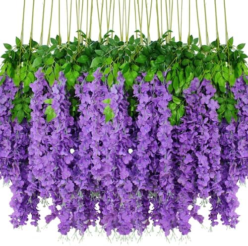 48pcs Artificial Wisteria Flowers 3.6 Feet/Piece Purple Dense Artificial Fake Wisteria Vine Ratta Hanging Garland Silk Flowers String Home Party Wedding Decor（Purple-Dense） by HanYun