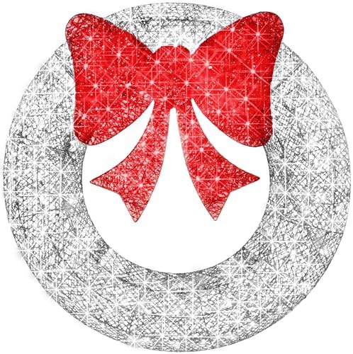 Best Choice Products 30in Pre-Lit Outdoor Christmas Wreath Decoration, LED Metal Holiday Decor for Home w/ 100 Lights, Bow - Silver/Red by BestChoiceProducts
