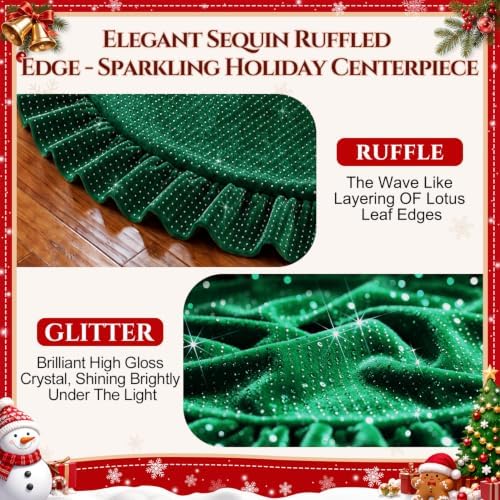 Fall Velvet Tree Skirt 60 Inches Green Christmas Tree Skirt with Sequins - Image 3