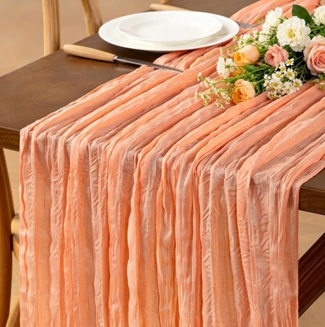 Peach Cheesecloth Table Runner Boho Wrinkled Gauze Table Runners by Jimtx