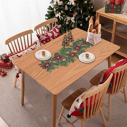 Lightnpro Poinsettia Beaded Table Runner - Festive 13" × 36" Holiday Decor in Maroon & Green - Elegant Farmhouse Christmas & Thanksgiving Dining Accent - Image 2